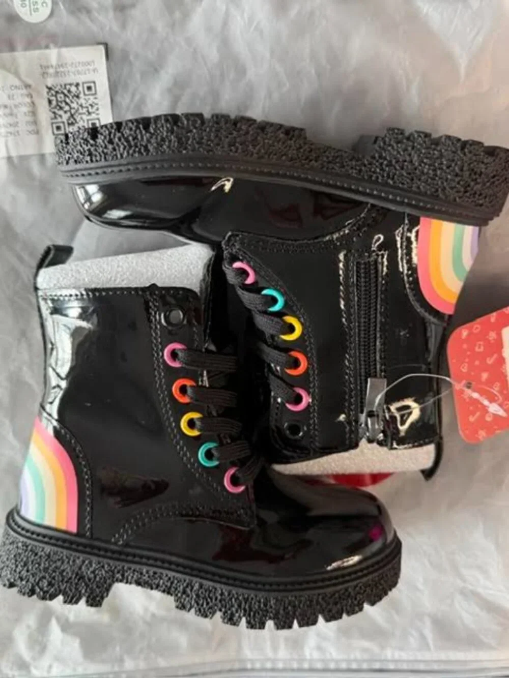 PatPat Girls Toddler Rainbow Combat Boots Black Patent Size 6.5 EU 22.5 NWT